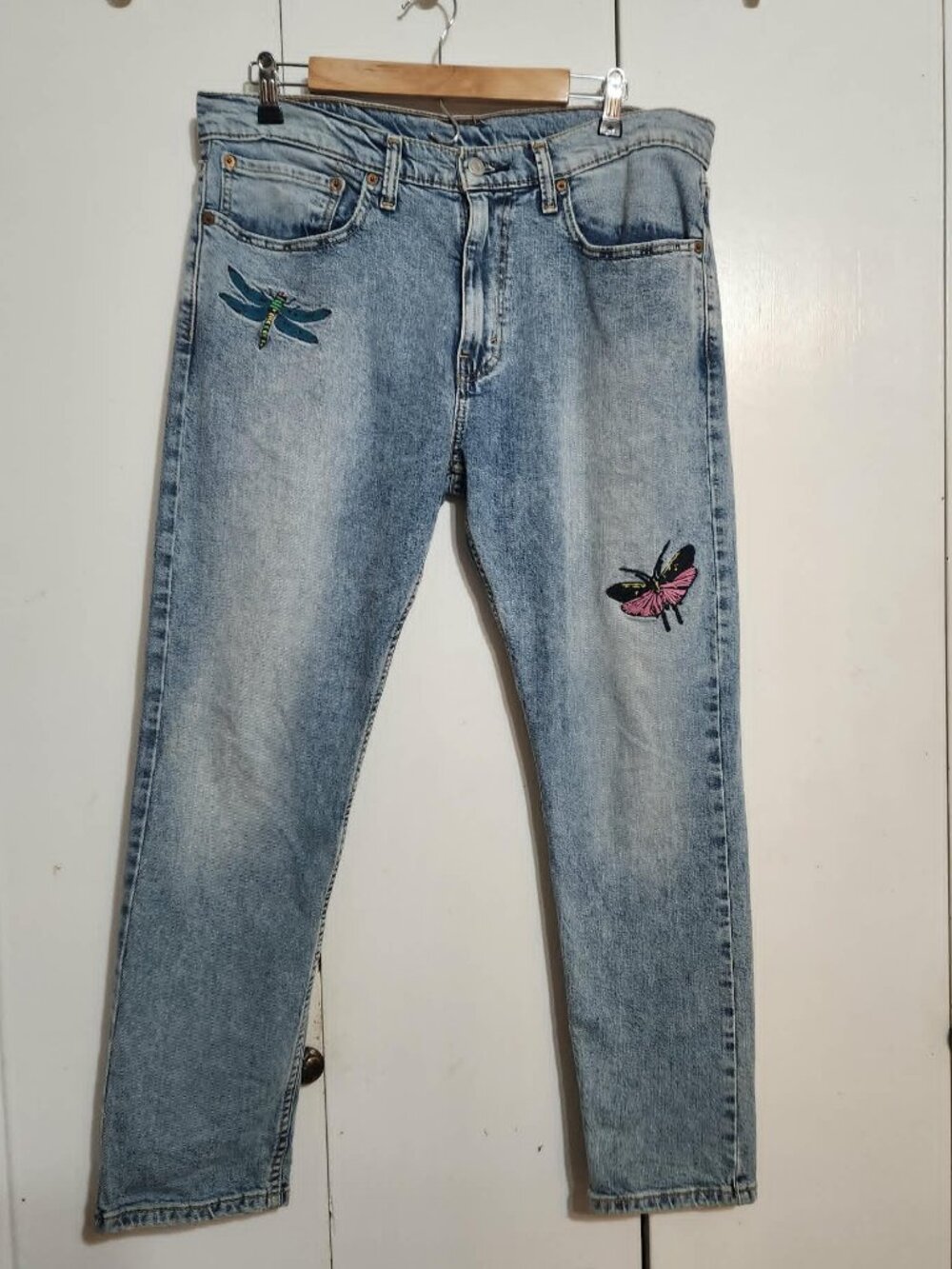 Levi’s 512 Slim Taper Jeans 34x30 Embroidered Dragonfly Butterfly Caterpillar